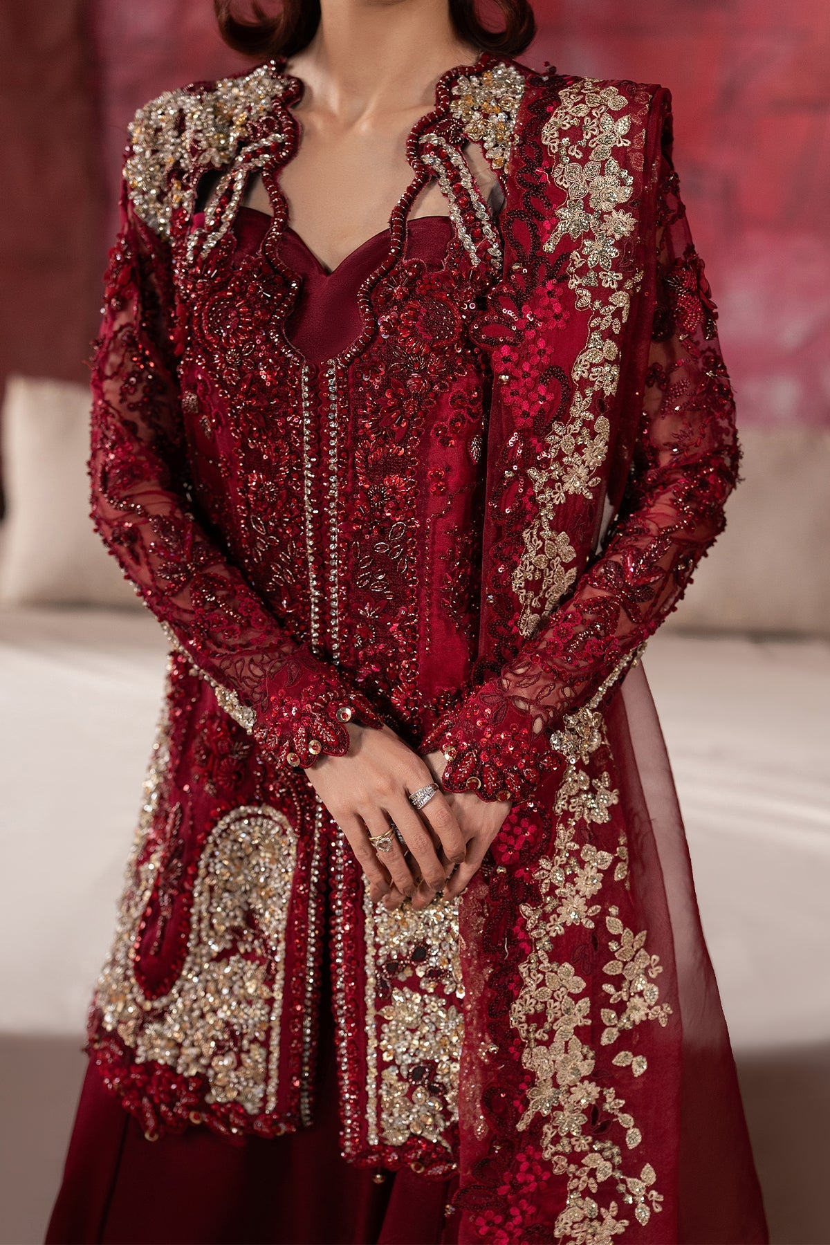 Afrozeh Rawayaat Style — Mairaz Crimson Red Three-Piece Suit