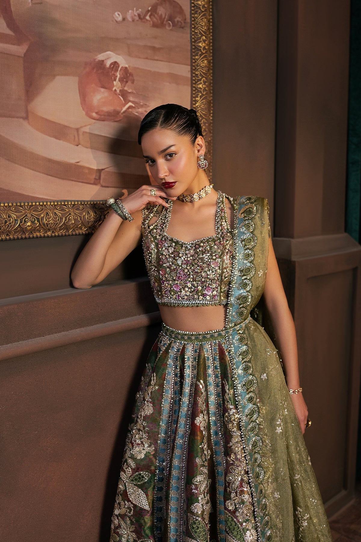 Afrozeh Mahsil Style — Mairaz Olive Green Three-Piece Suit