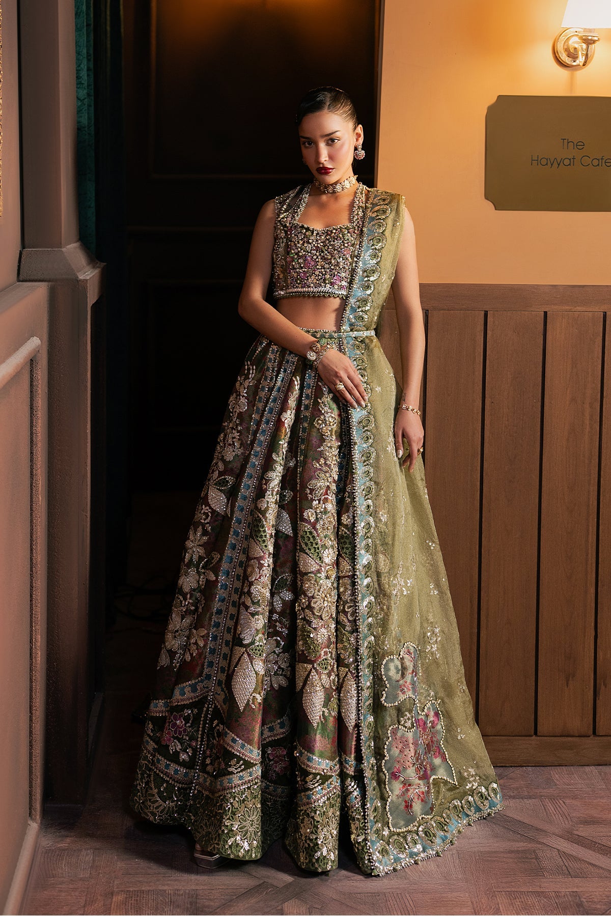 Afrozeh Mahsil Style — Mairaz Olive Green Three-Piece Suit