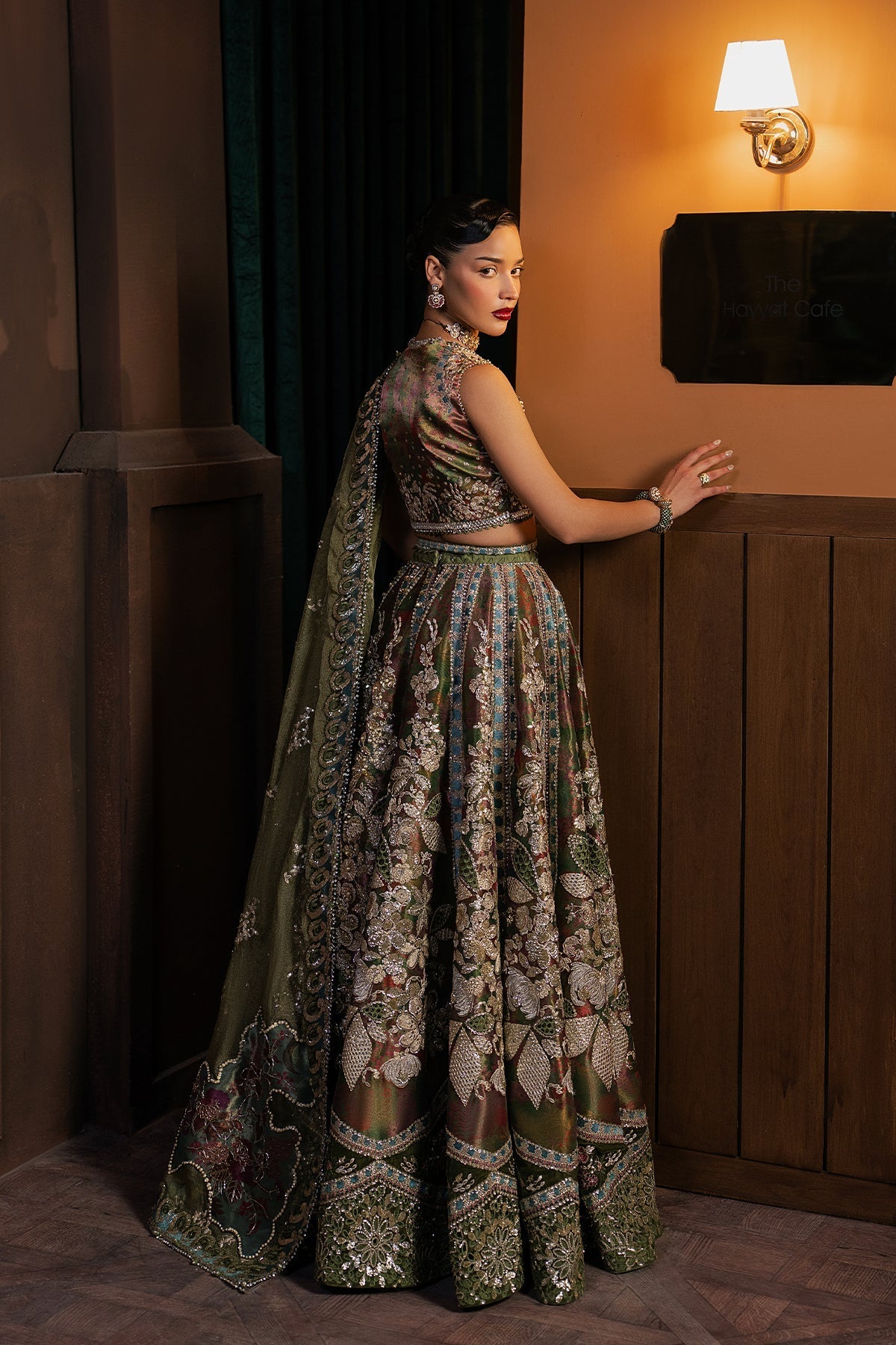 Afrozeh Mahsil Style — Mairaz Olive Green Three-Piece Suit