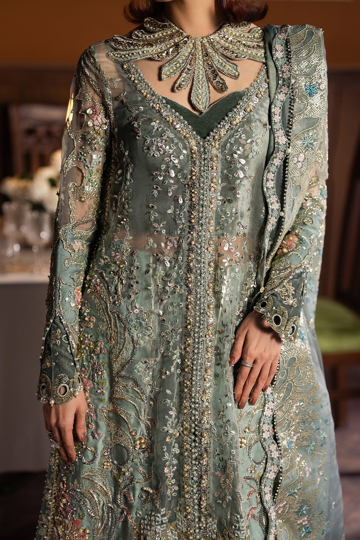 Afrozeh Mehves Style — Mairaz Sage Green Three-Piece Suit