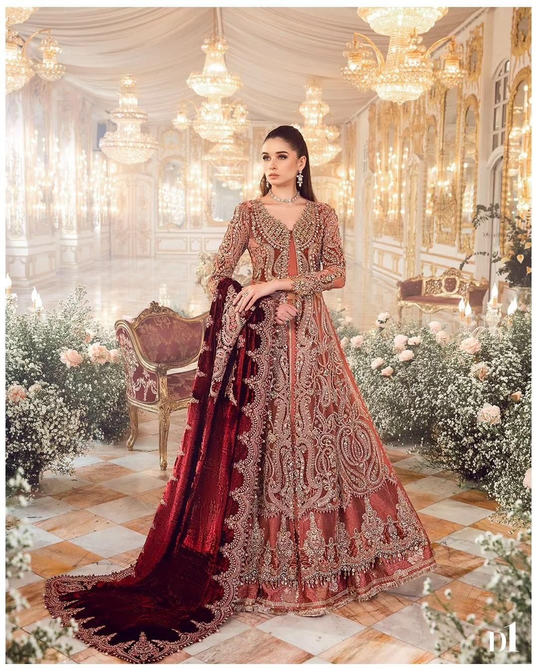 Maria B Mbroidered salmon pink and maroon embroidered formal gown full look