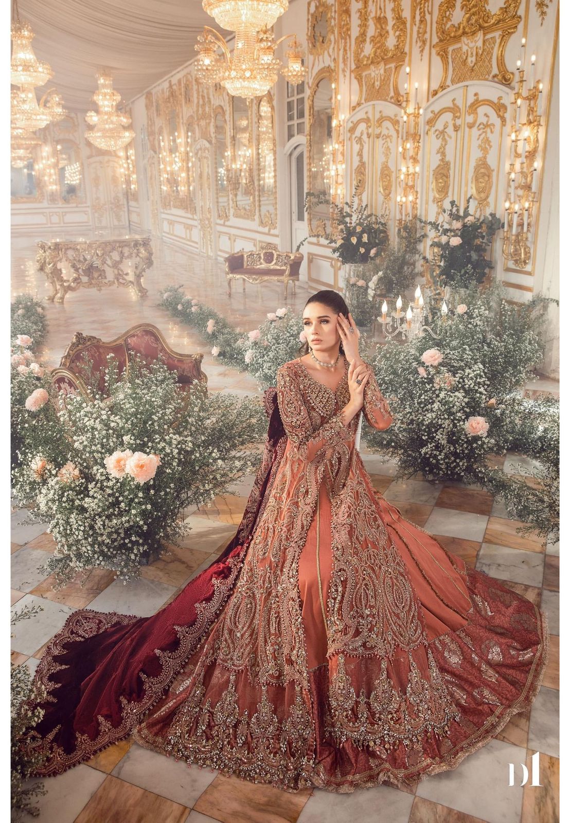 Maria B Mbroidered salmon pink gown seated view with dupatta spread out