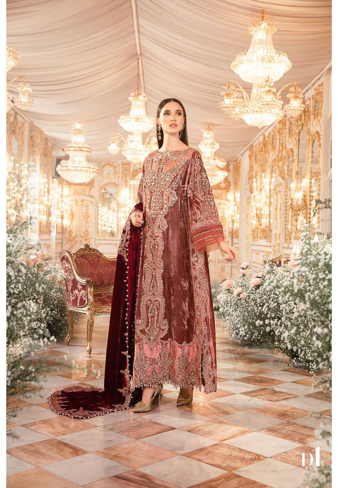 Maria B Mbroidered salmon pink outfit with maroon velvet dupatta draped in front