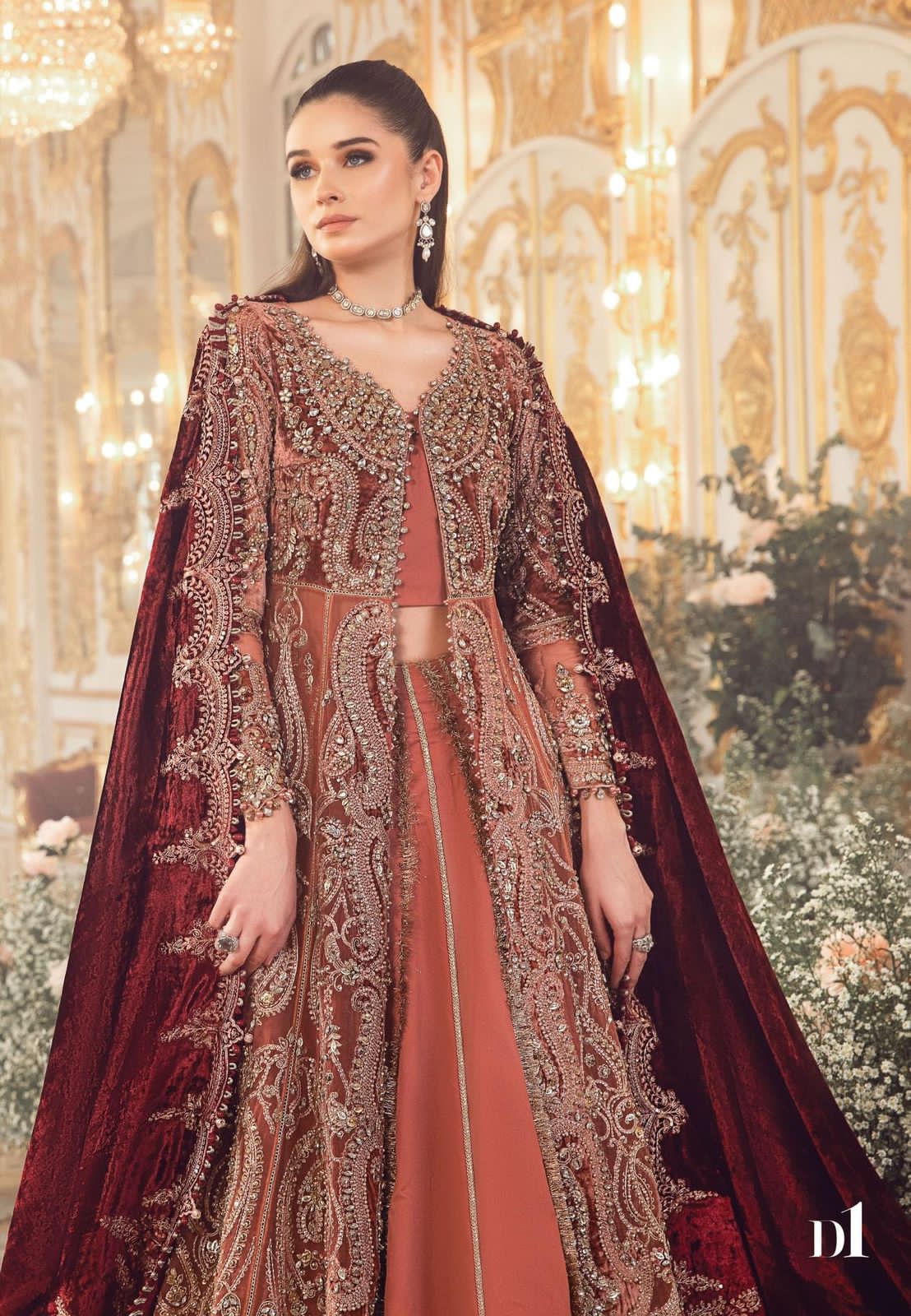 Maria B Mbroidered salmon pink gown close-up of bodice and sleeve embroidery