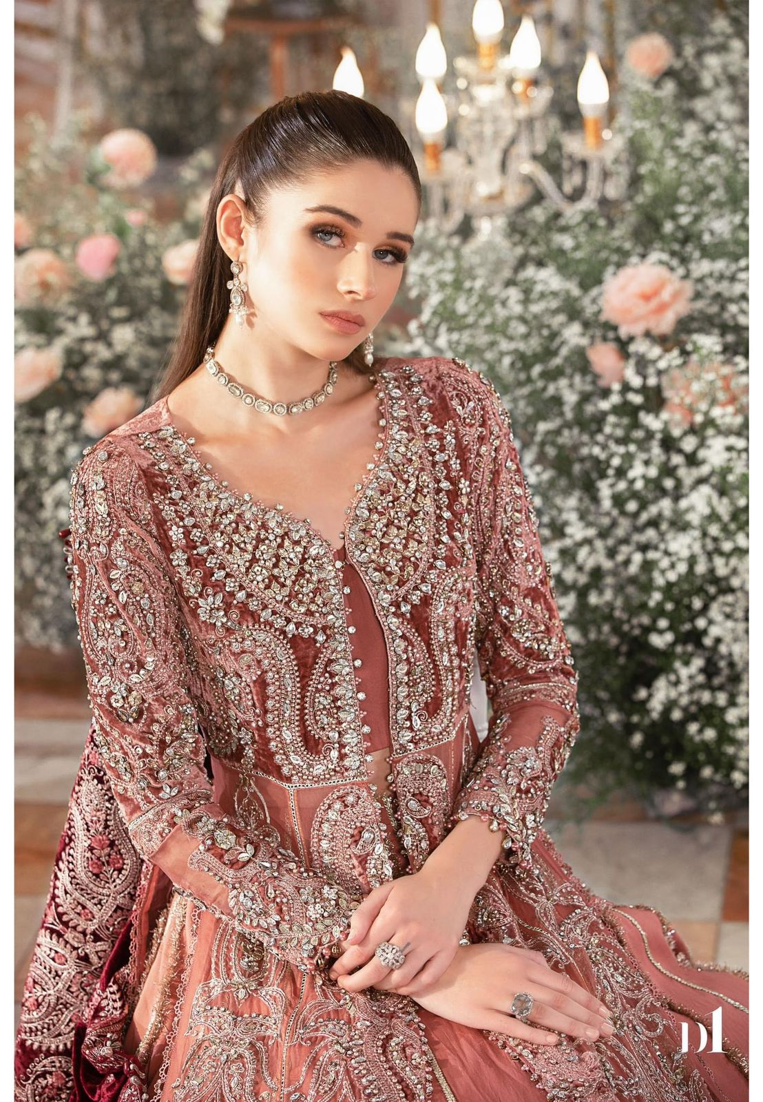 Maria B Mbroidered salmon pink outfit neckline and bodice embroidery detail