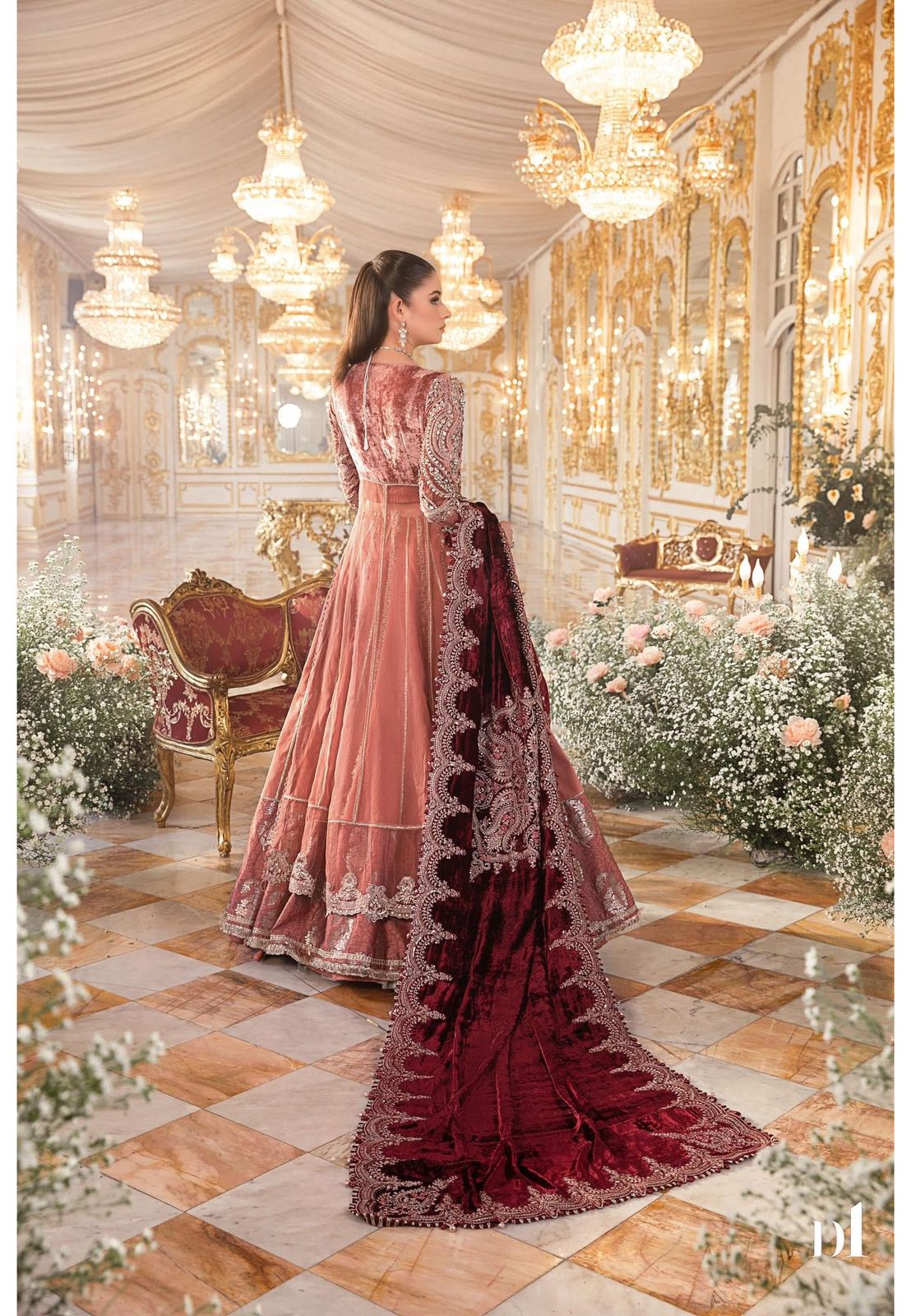 Maria B Mbroidered salmon pink and maroon formal outfit side view with trailing hem