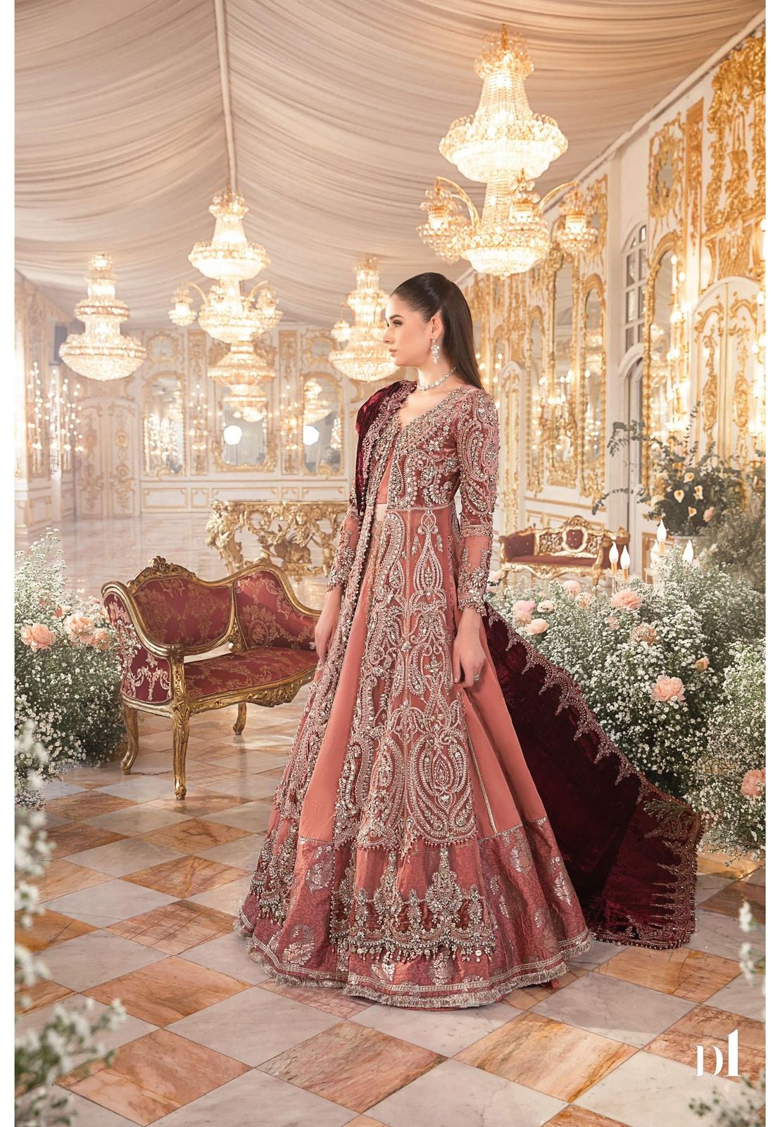 Maria B Mbroidered salmon pink gown front view with gold embroidered panel