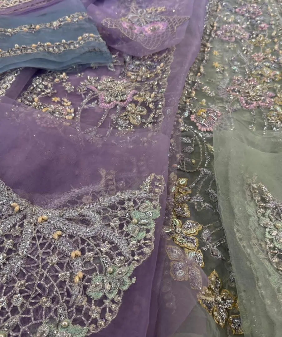 Soraya – Orchid Style, lilac and sage embroidered panels detail