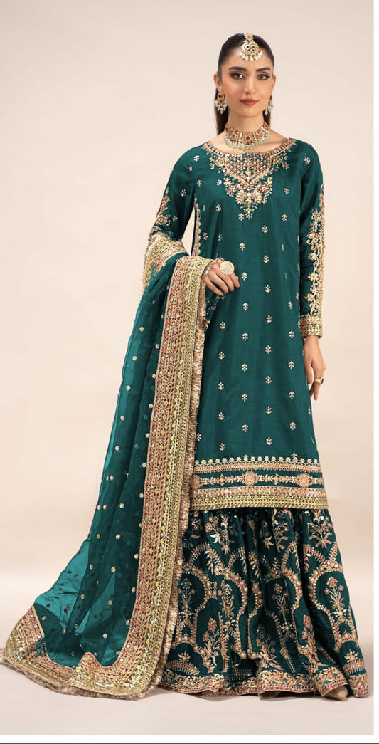 Maria B Green Gharara Style Pakistani wedding dress by MAIRAZ