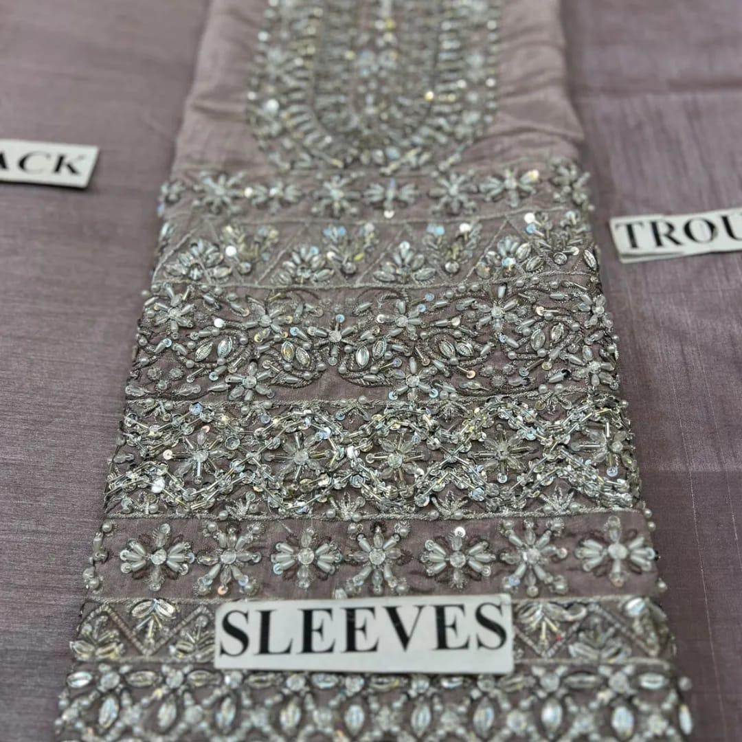 Hussain Rehar Lucent style — Mairaz grey raw silk three-piece suit reference, view 5 of 13