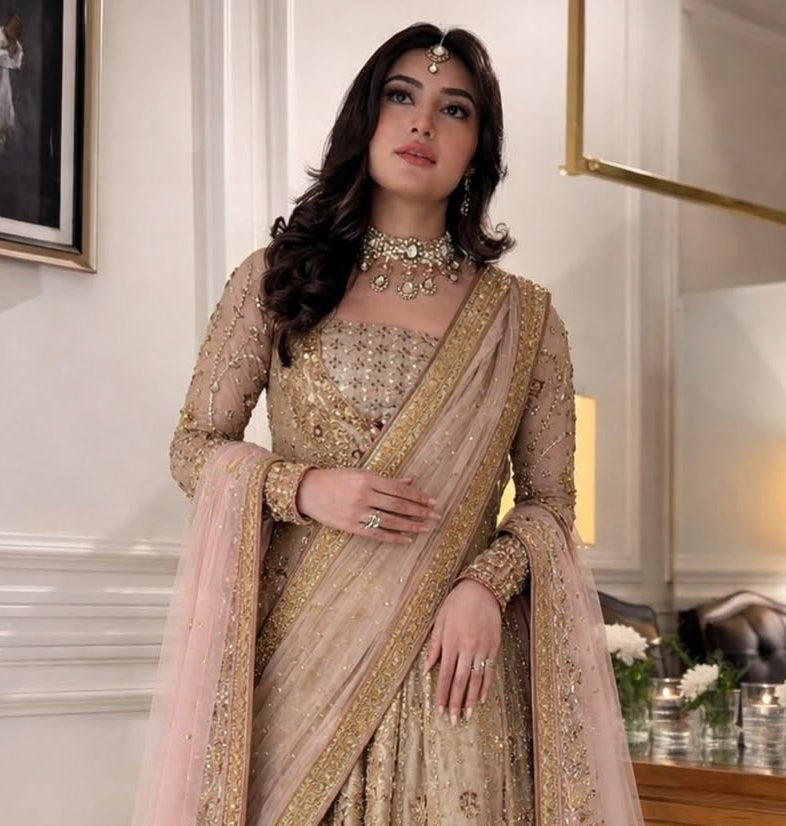 Haris Shakeel Sahar Blue style — Mairaz champagne gold four-piece suit reference, view 2 of 4