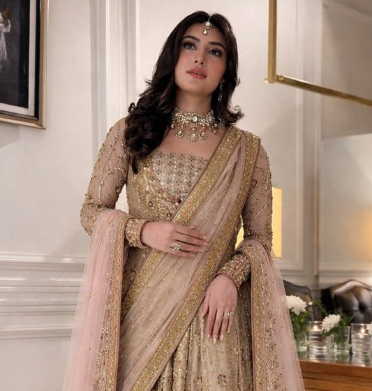 Haris Shakeel Sahar Blue style — Mairaz champagne gold four-piece suit reference, view 2 of 4