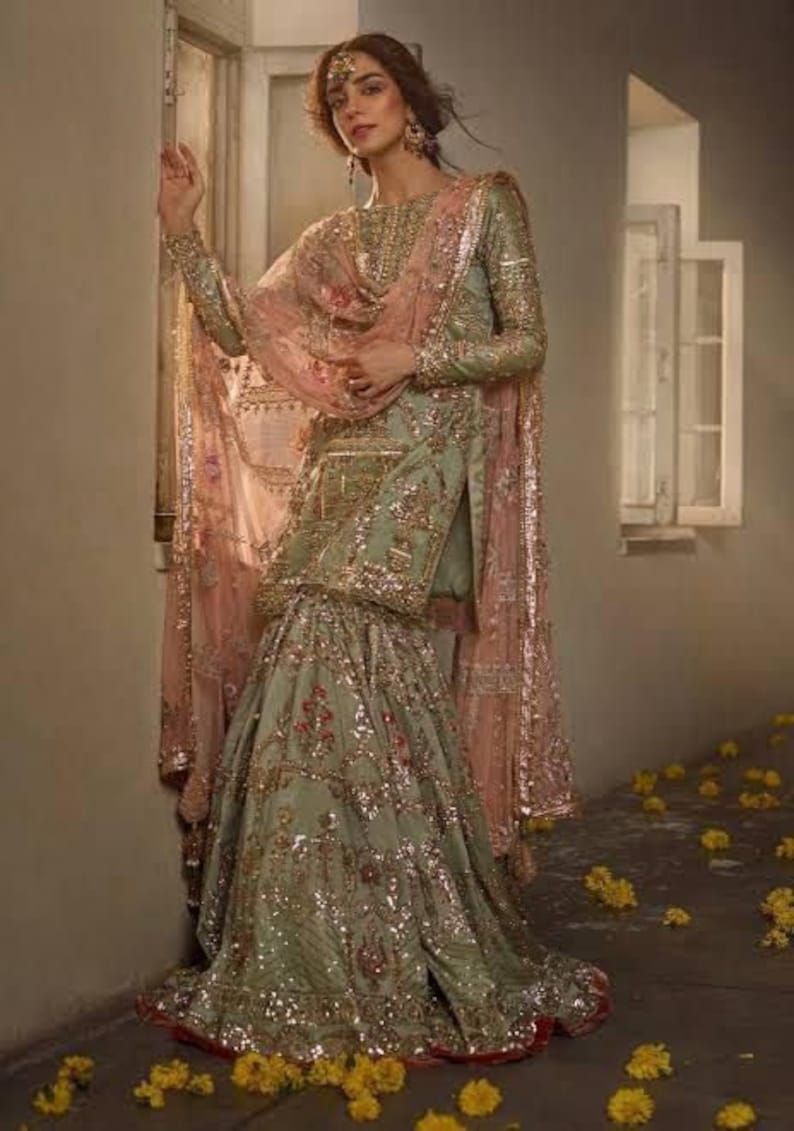 Mohsin Naveed Ranjha Zamrud style — Mairaz green gharara set reference, view 1 of 11