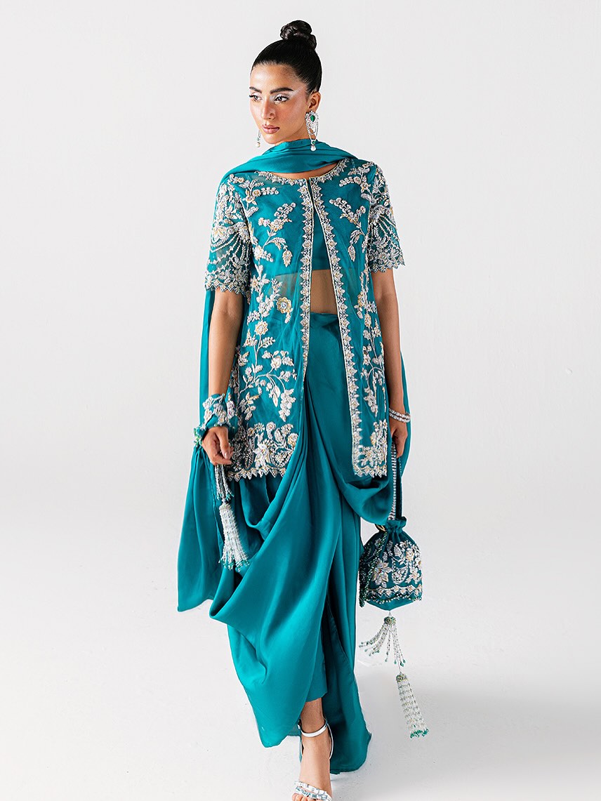 Sara Rohale Asghar Zumrud Ayin Style — Mairaz Turquoise Green Saree