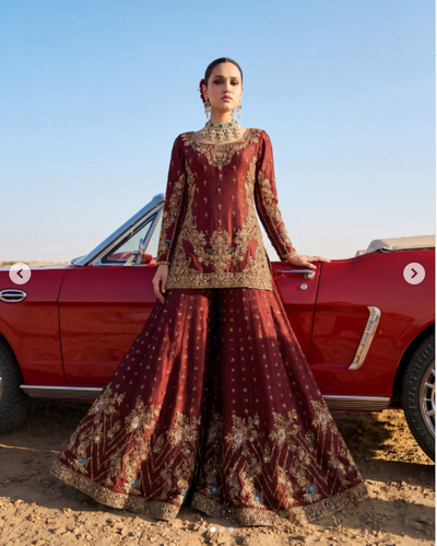 Ahmad Sultan Aethel style burgundy bridal lehenga – product view 1