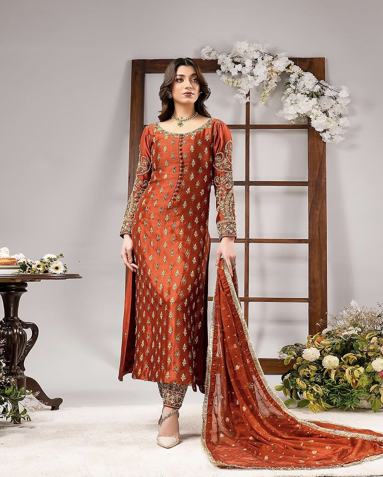 Ahmad Sultan Tangerine Style orange three piece suit with embroidered dupatta full view