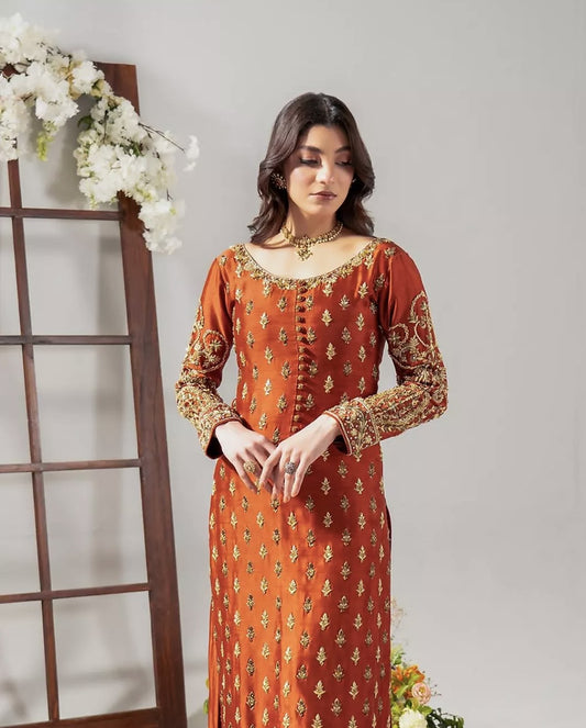 Ahmad Sultan Tangerine Style orange katan silk shirt hand embellishment close up