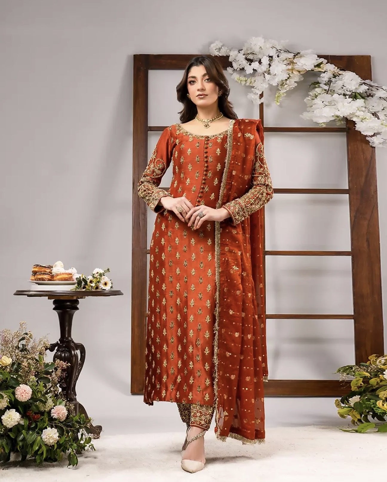 Ahmad Sultan Tangerine Style orange three piece suit front full view
