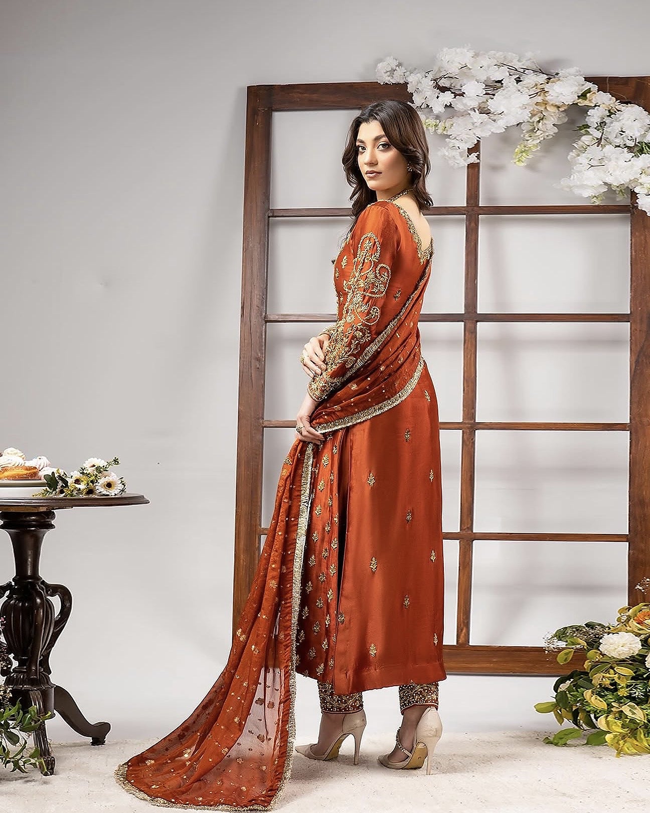 Ahmad Sultan Tangerine Style orange formal suit side and back view with dupatta