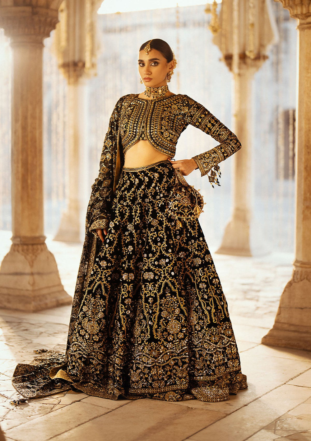 Aik Atelier Dastoor A2401 reference — black velvet lehenga choli, view 1 | Mairaz