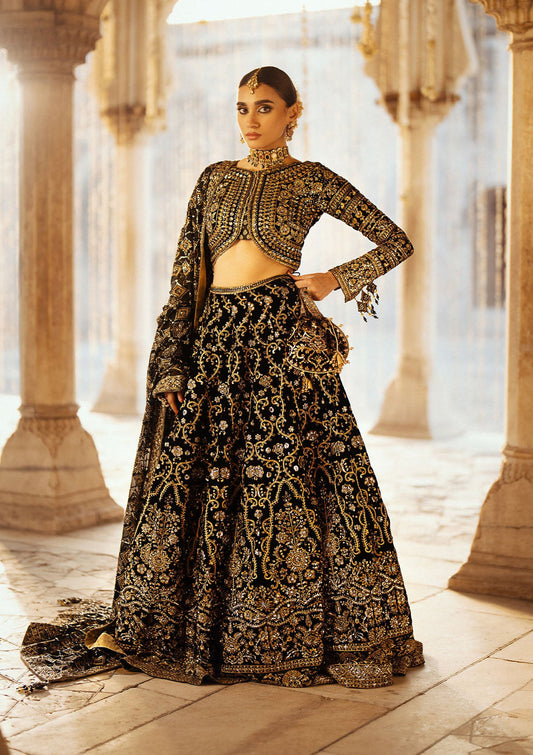 Aik Atelier Dastoor A2401 reference — black velvet lehenga choli, view 1 | Mairaz