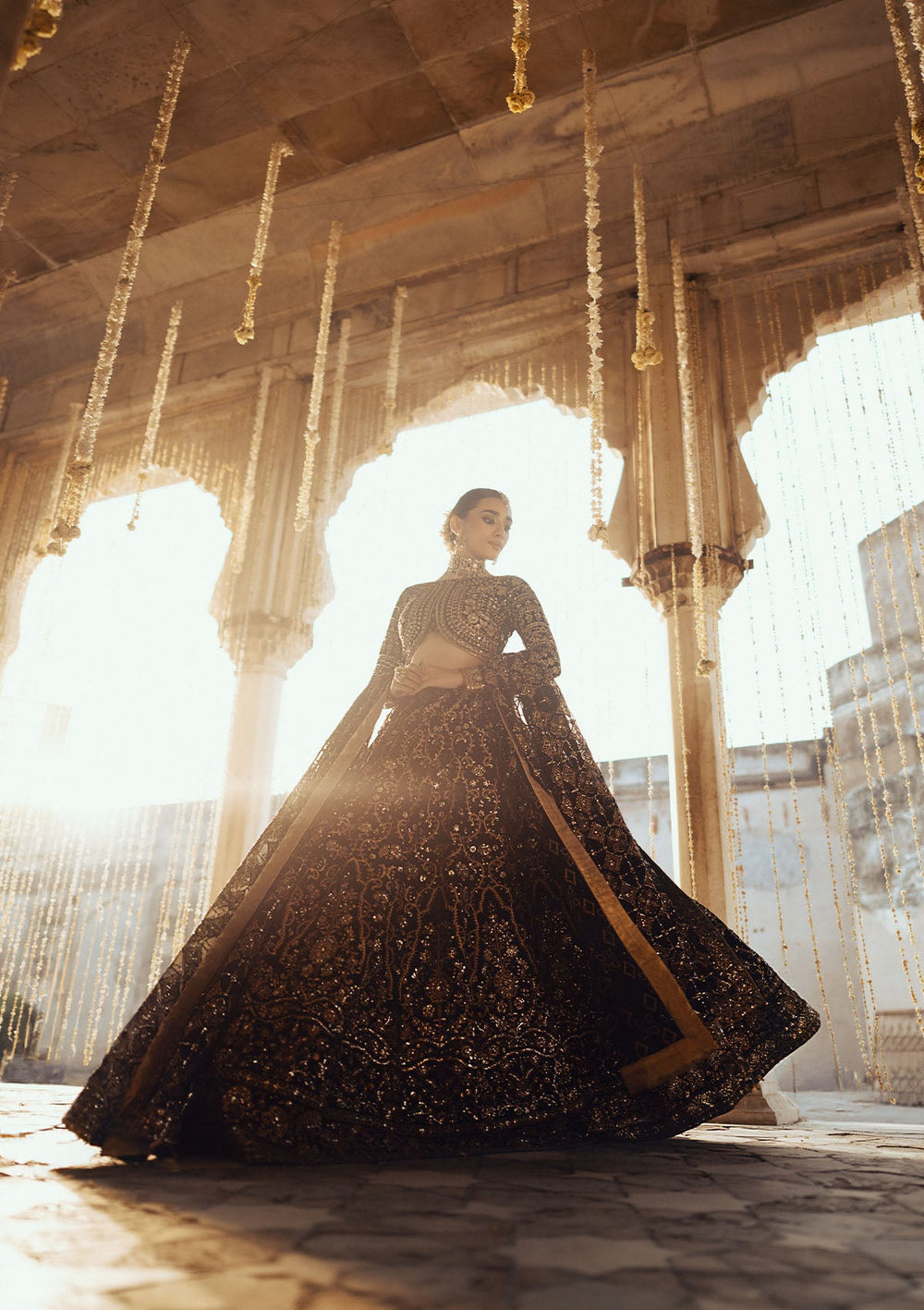 Aik Atelier Dastoor A2401 reference — black velvet lehenga choli, view 9 | Mairaz