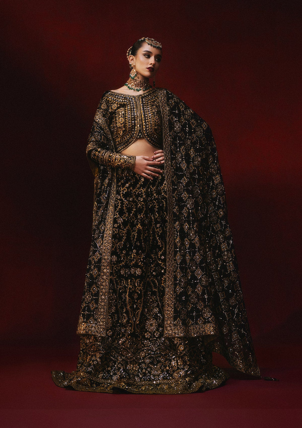 Aik Atelier Dastoor A2401 reference — black velvet lehenga choli, view 3 | Mairaz