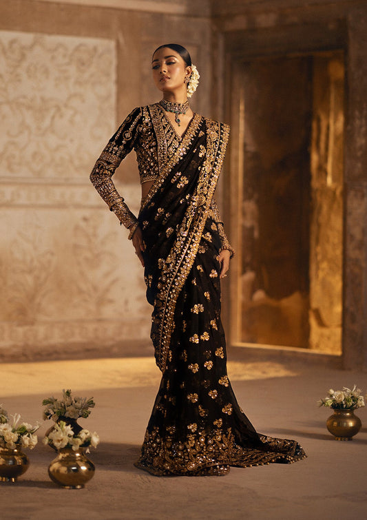 Aik Atelier Dastoor A2404 reference — black velvet and chiffon saree, view 1 | Mairaz