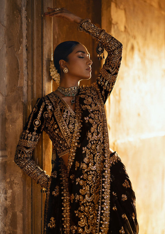 Aik Atelier Dastoor A2404 reference — black velvet and chiffon saree, view 2 | Mairaz