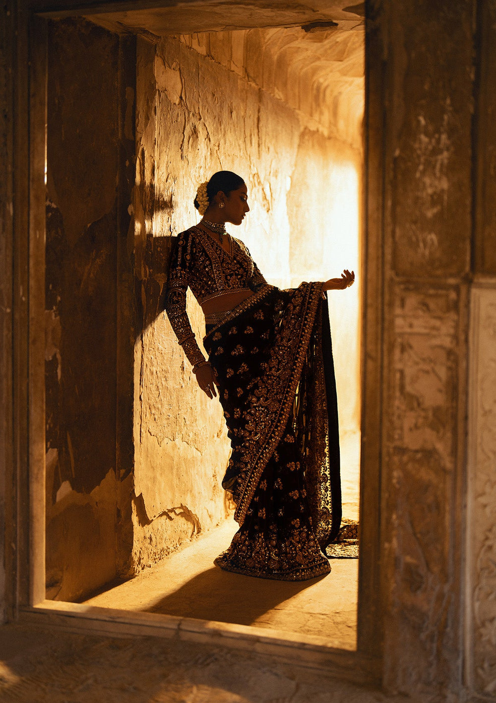 Aik Atelier Dastoor A2404 reference — black velvet and chiffon saree, view 3 | Mairaz