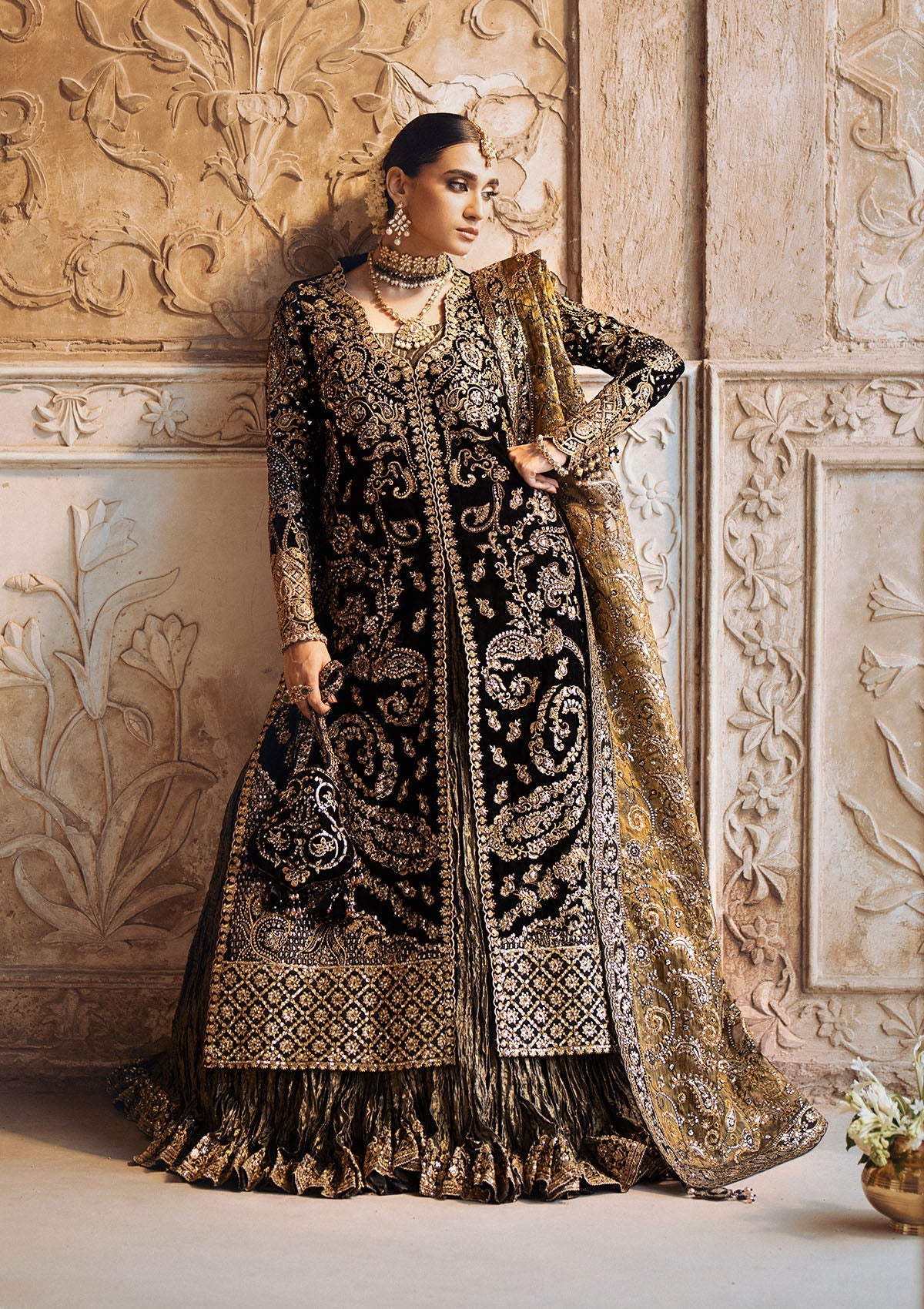Aik Atelier Dastoor A2408 reference — black velvet three-piece suit, view 1 | Mairaz