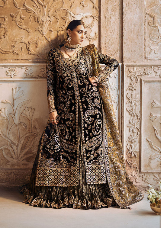 Aik Atelier Dastoor A2408 reference — black velvet three-piece suit, view 1 | Mairaz