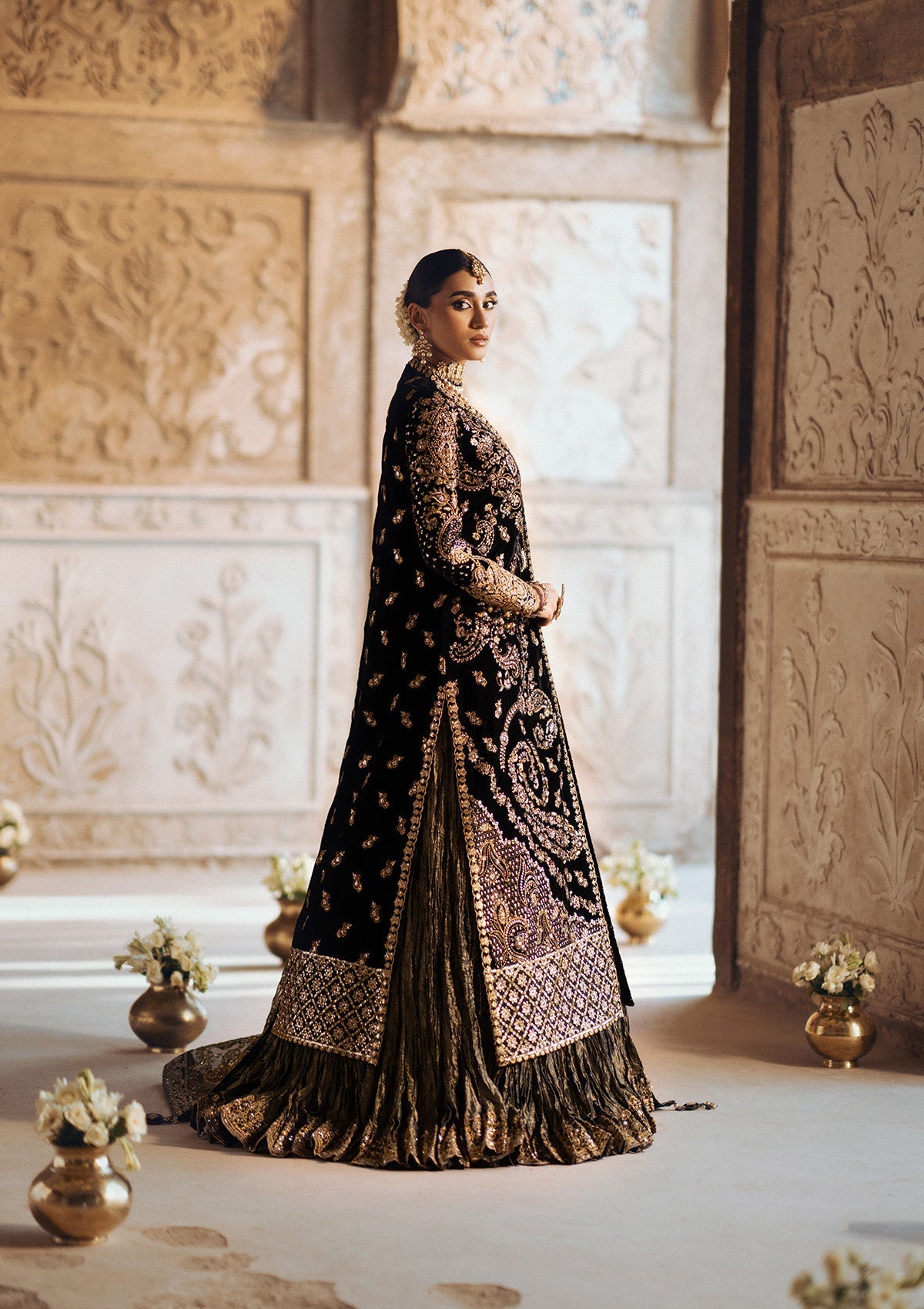 Aik Atelier Dastoor A2408 reference — black velvet three-piece suit, view 2 | Mairaz