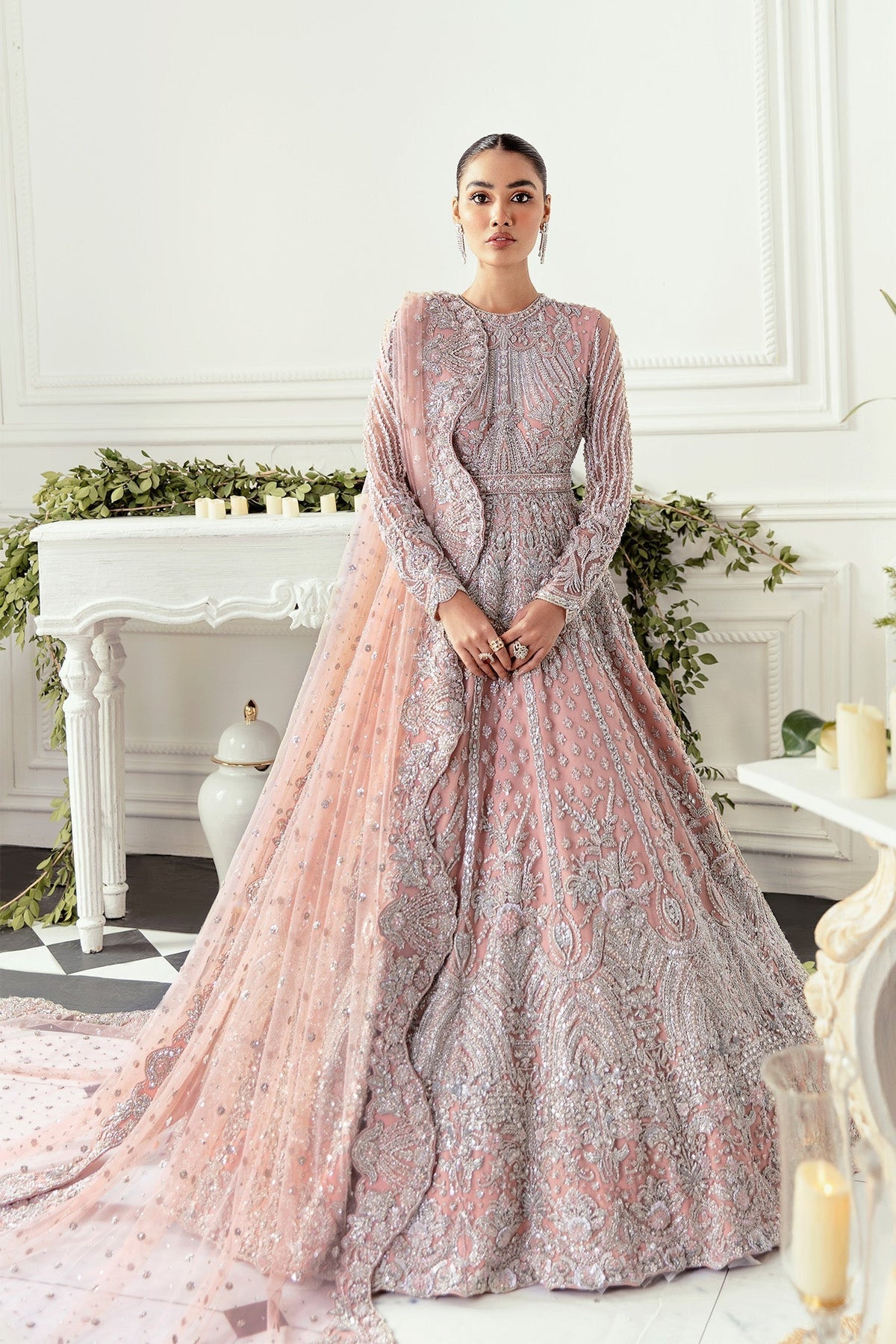 Akbar Aslam Hyacinth Pink bridal maxi full outfit view