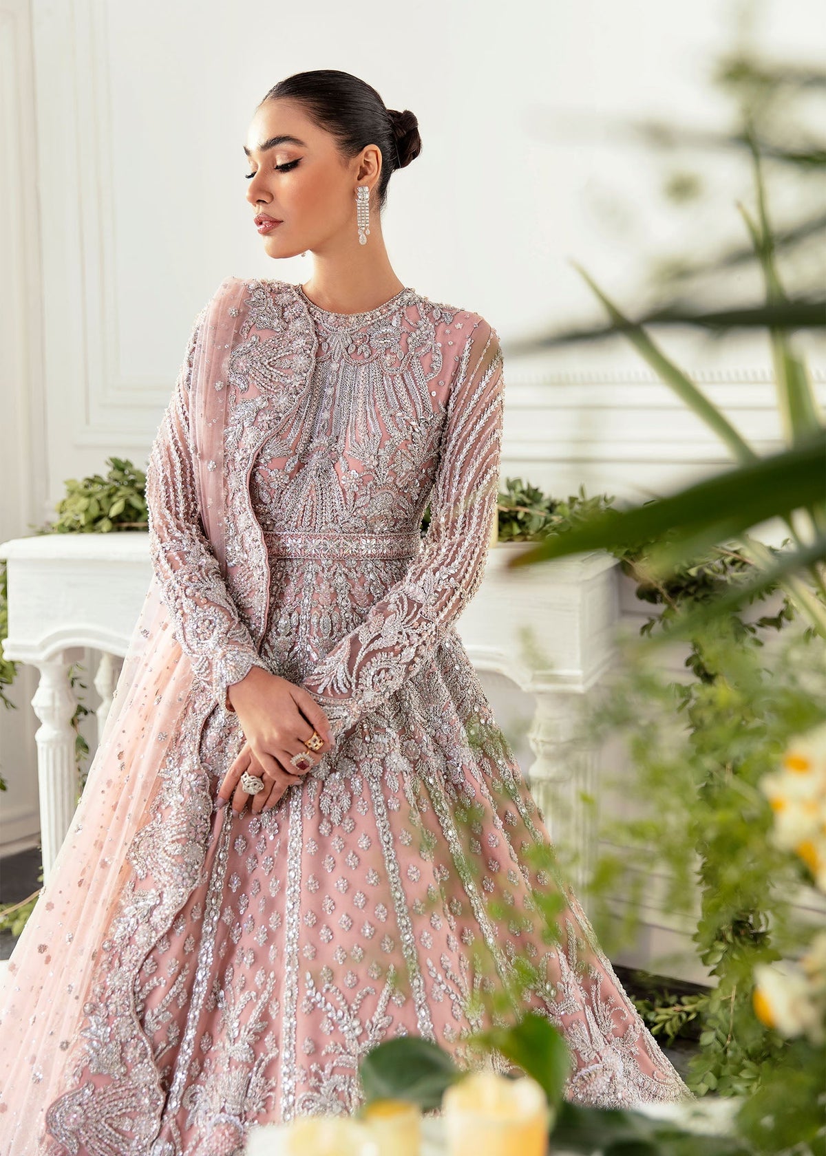 Akbar Aslam Hyacinth Pink bridal maxi embroidery detail