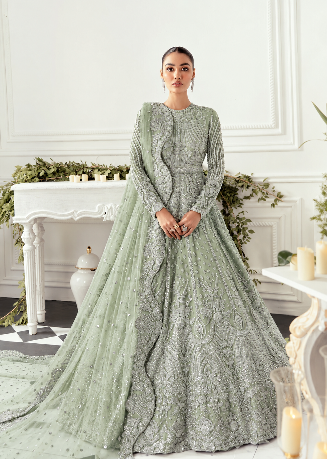 Akbar Aslam Hyacinth Pistachio bridal maxi full outfit view