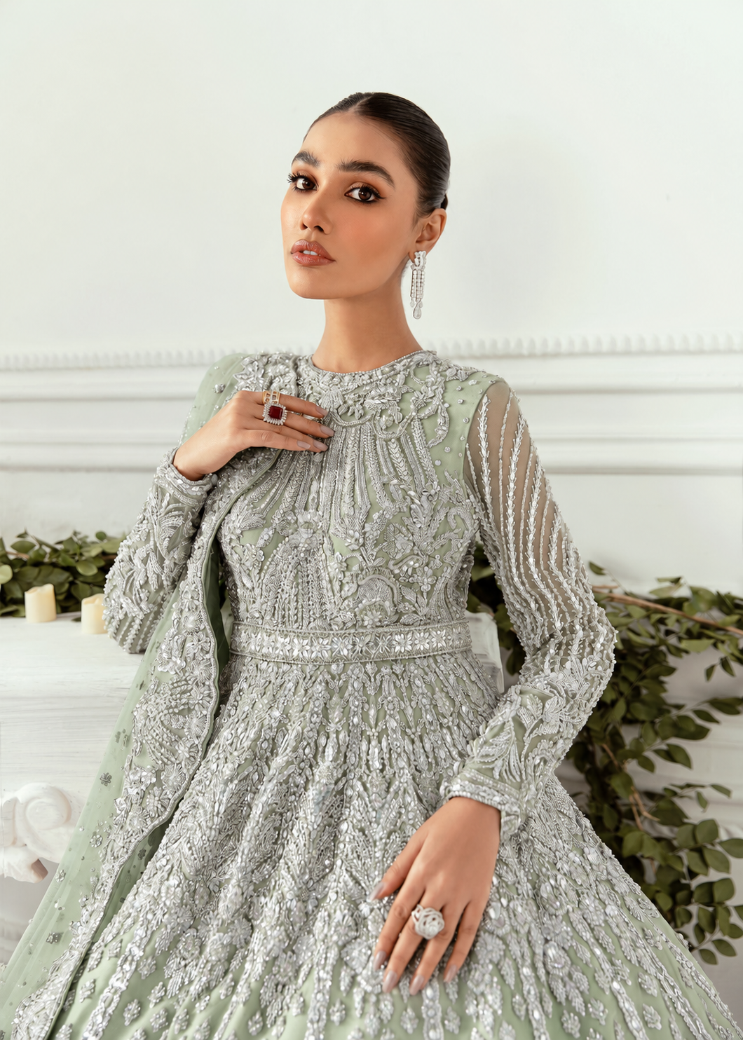 Akbar Aslam Hyacinth Pistachio bridal maxi embroidery detail