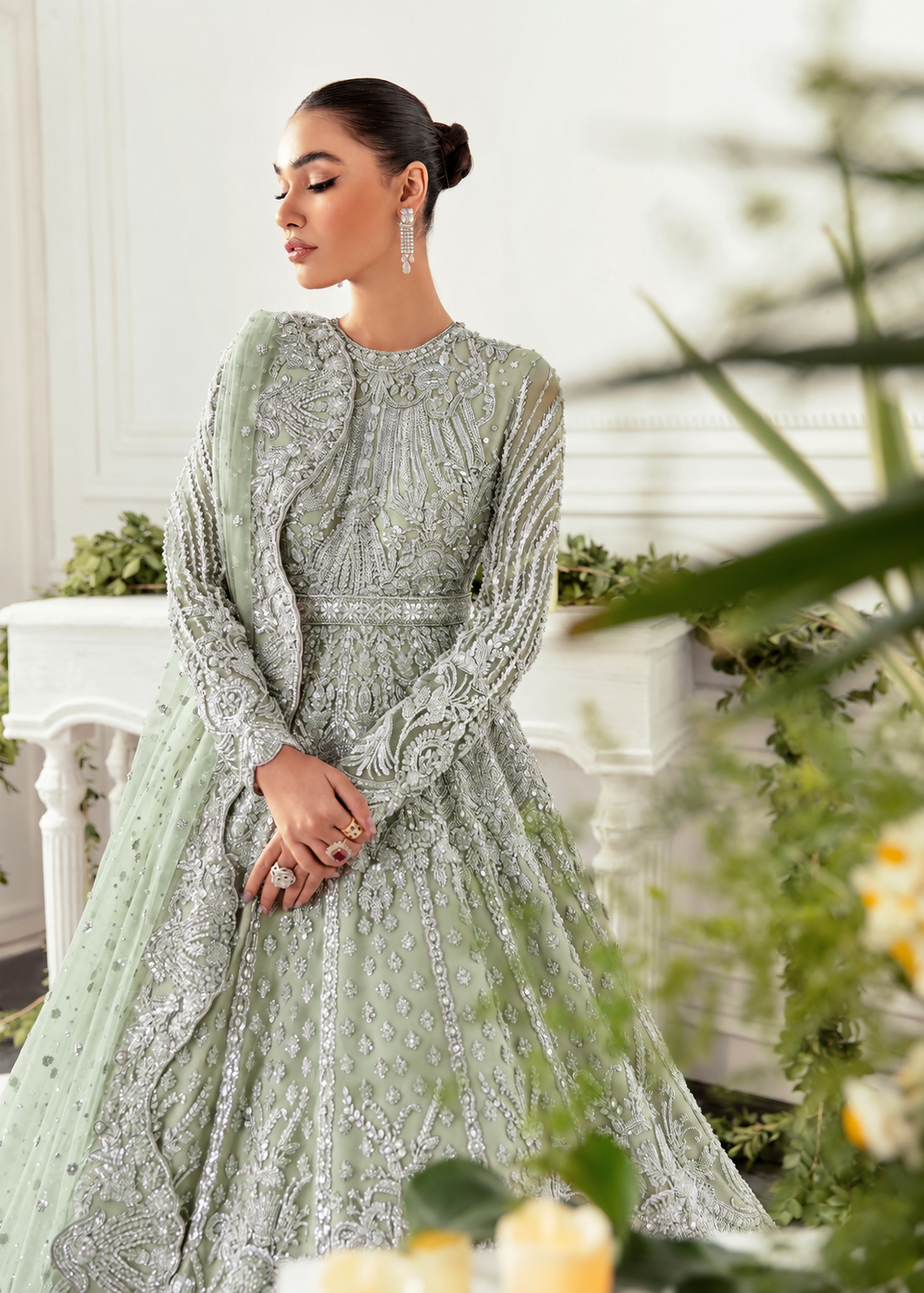 Akbar Aslam Hyacinth Pistachio bridal maxi side detail view