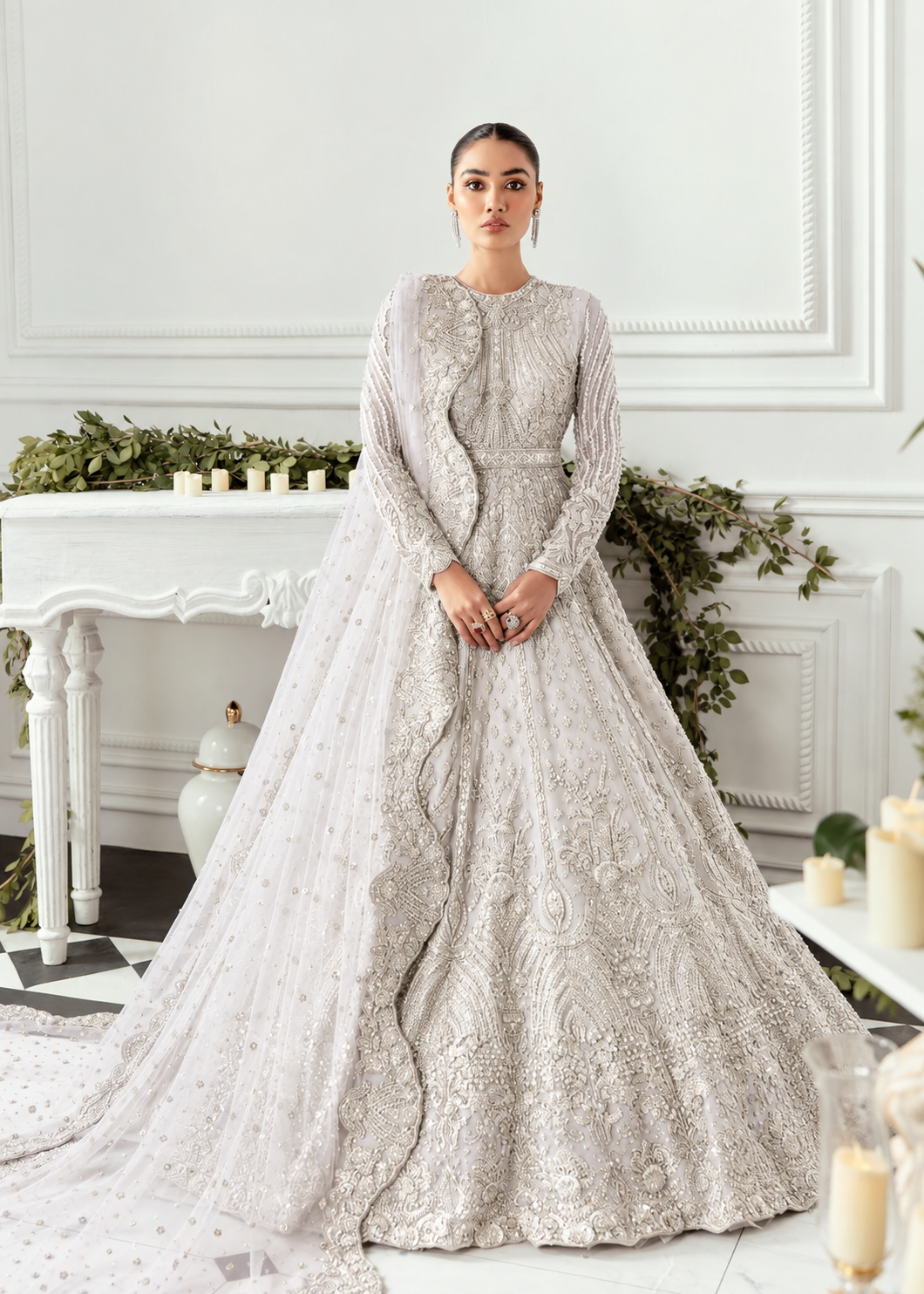 Akbar Aslam Hyacinth White bridal maxi full outfit view