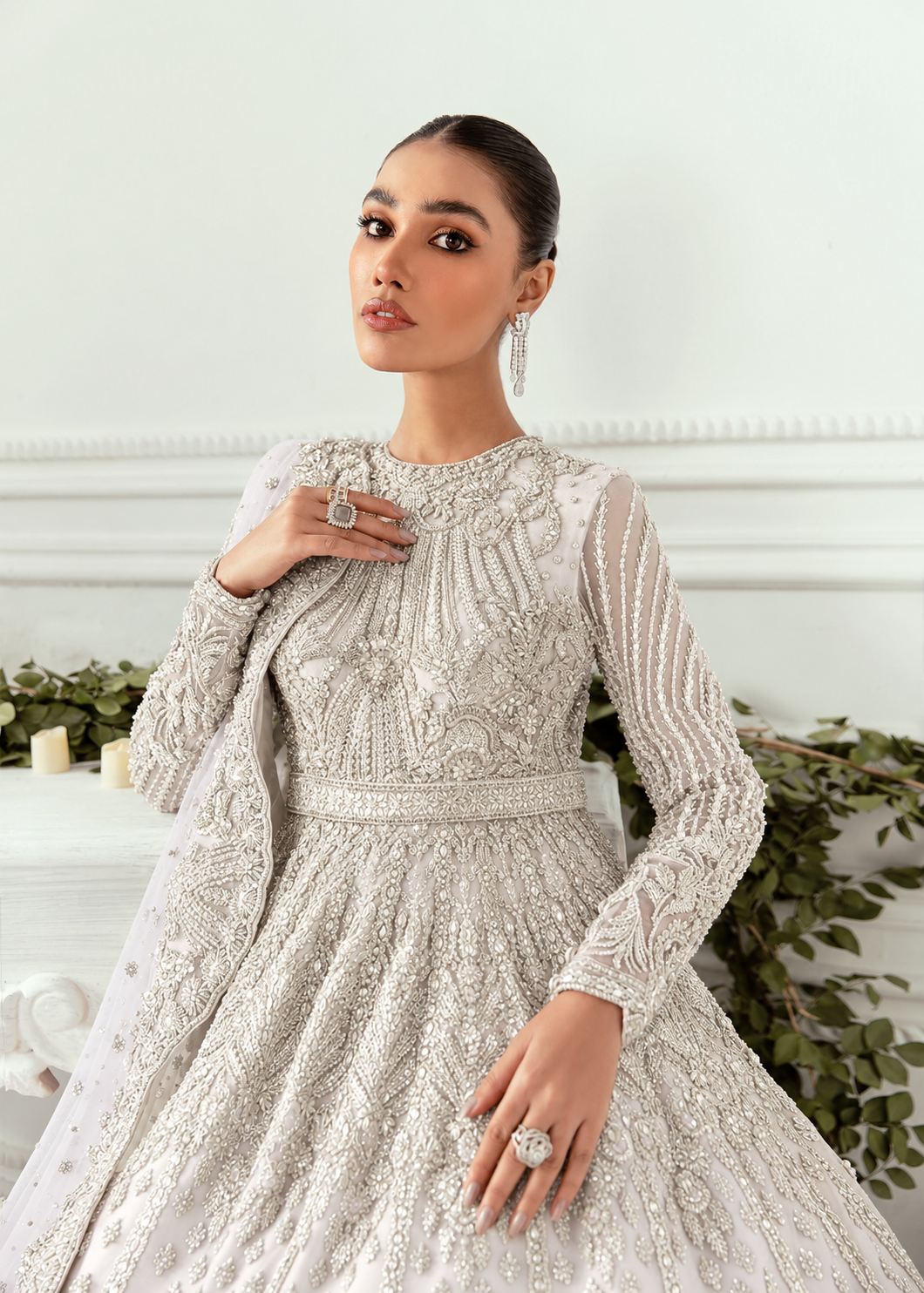 Akbar Aslam Hyacinth White bridal maxi embroidery detail