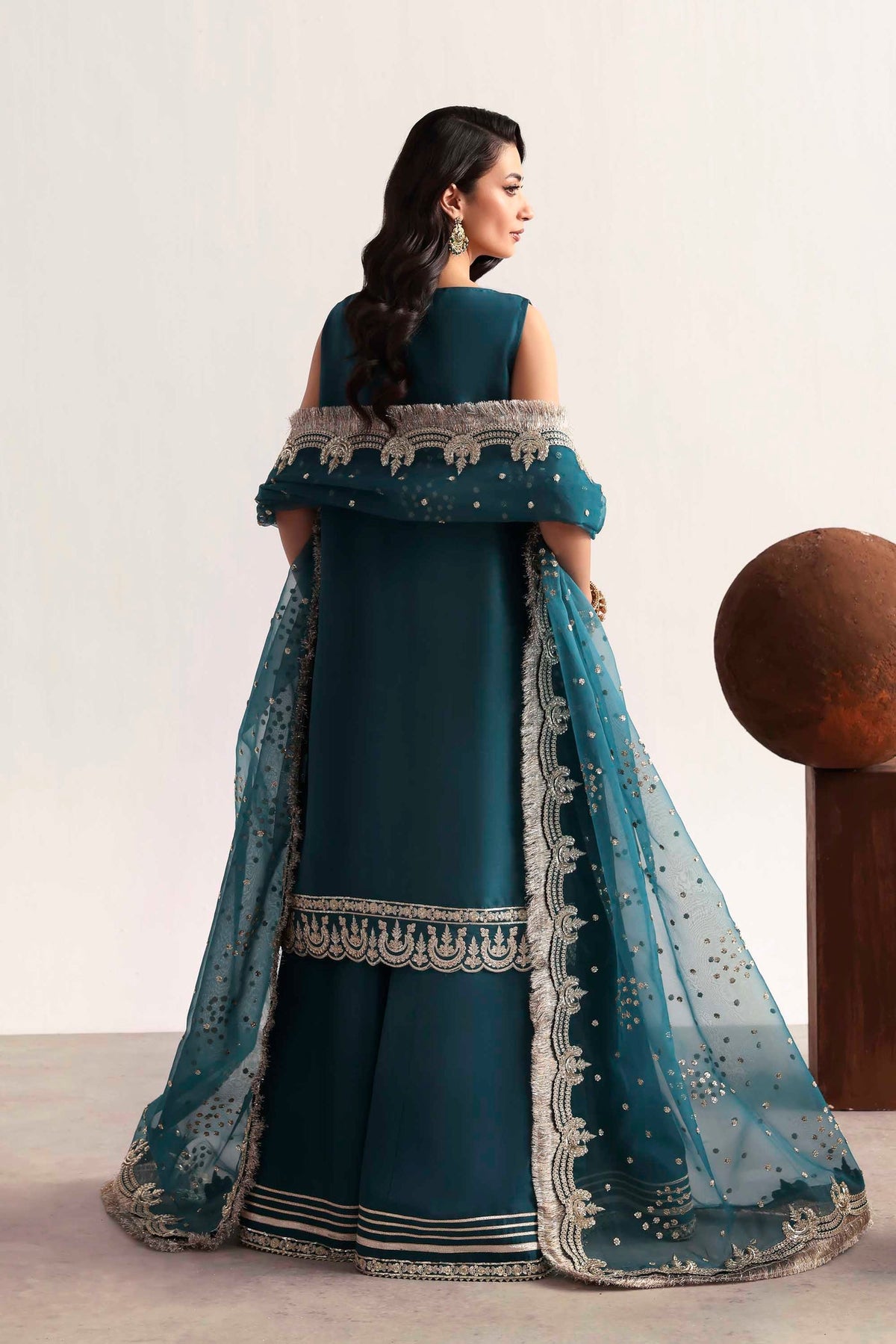 Akbar Aslam Teal Style — Mairaz reproduction back view with embroidered dupatta