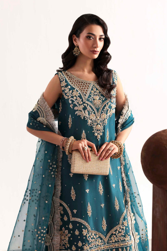 Akbar Aslam Teal Style — Mairaz reproduction embroidered front detail