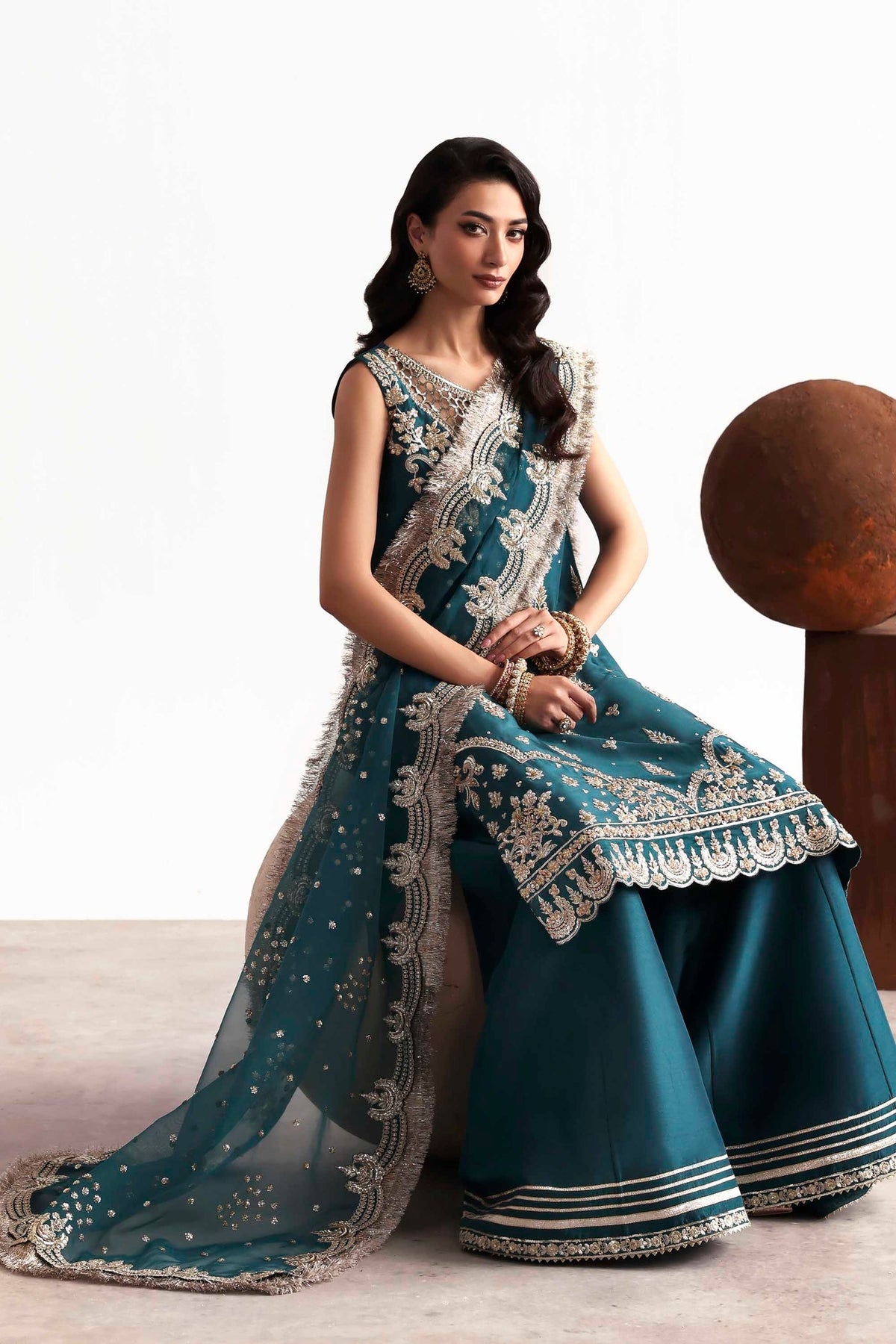 Akbar Aslam Teal Style — Mairaz reproduction seated full outfit view