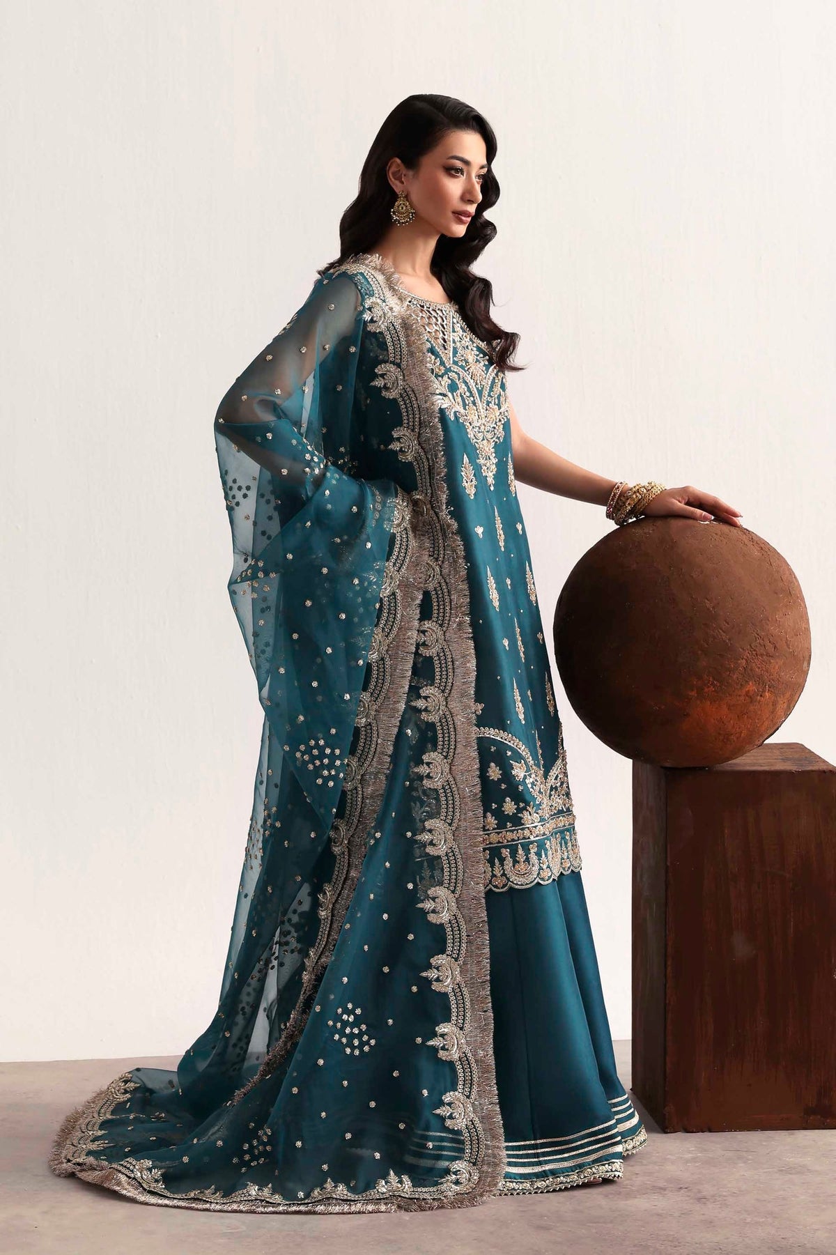 Akbar Aslam Teal Style — Mairaz reproduction side view with organza dupatta