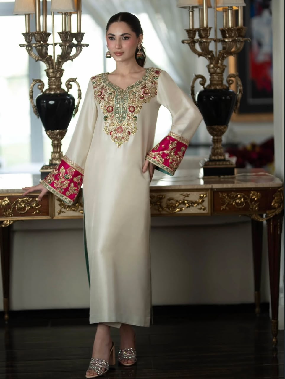 Aleena Khan Noor e Nazar style ivory formal outfit full front view