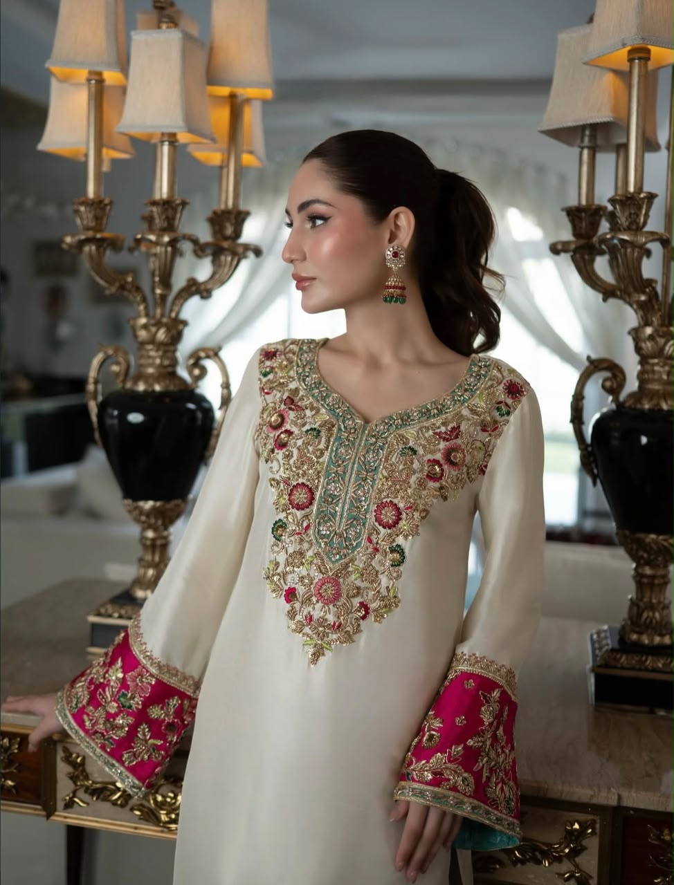 Aleena Khan Noor e Nazar style ivory formal outfit side detail