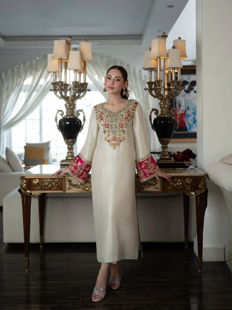 Aleena Khan Noor e Nazar style ivory formal outfit full length view