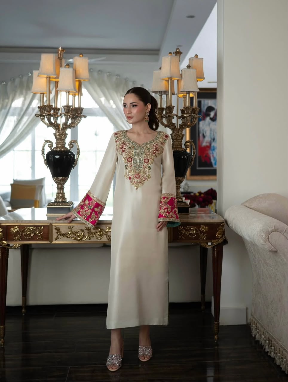 Aleena Khan Noor e Nazar style ivory formal outfit wide full length view