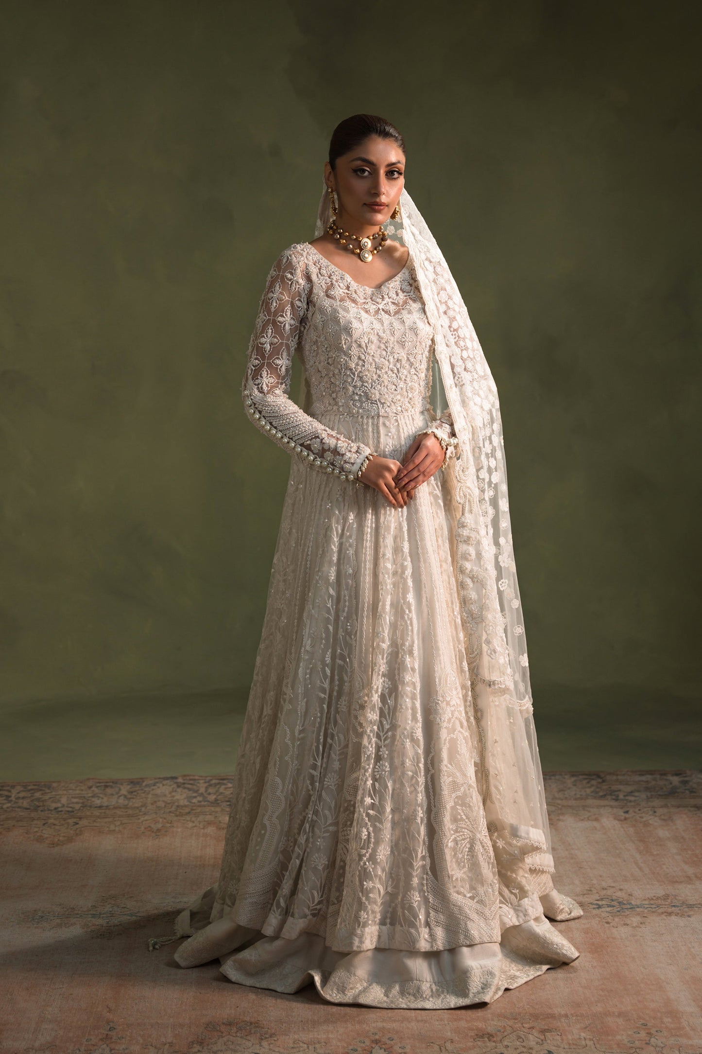 Ammara Khan Moonbeam Style by Mairaz pearl bridal peshwas front view